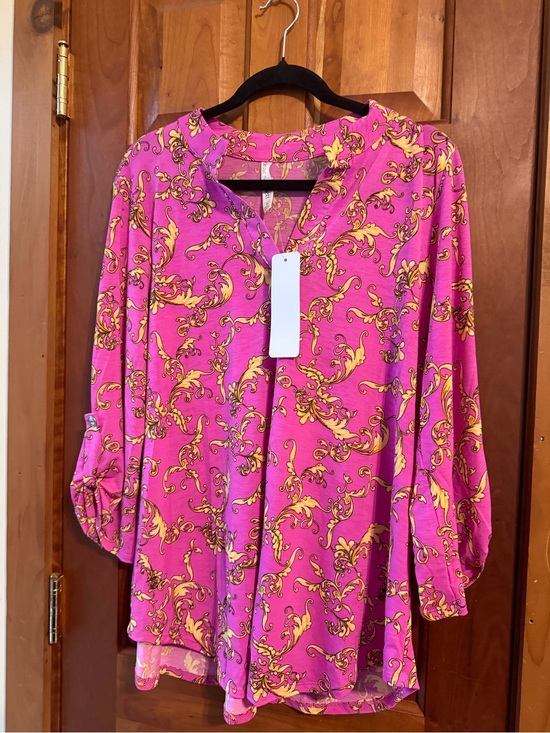 Dear Scarlett Tops - Dear Scarlett Women's Pink Scroll-Print V-Neck Blouse
